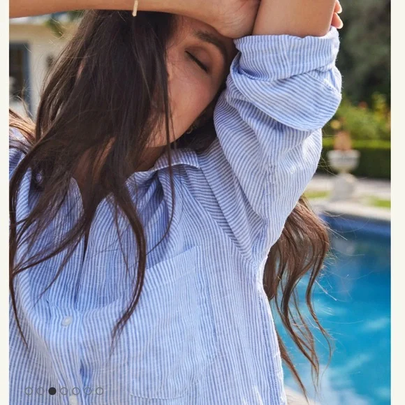 Frank & Eileen Rory Blue Stripe Lived in Linen Maxi Shirt Dress Size S - Picture 2 of 5